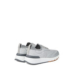 Brunello Cucinelli Techno cotton knit runners featuring light grey knit upper, flat sole, and rubber heel insert with textured sole.
