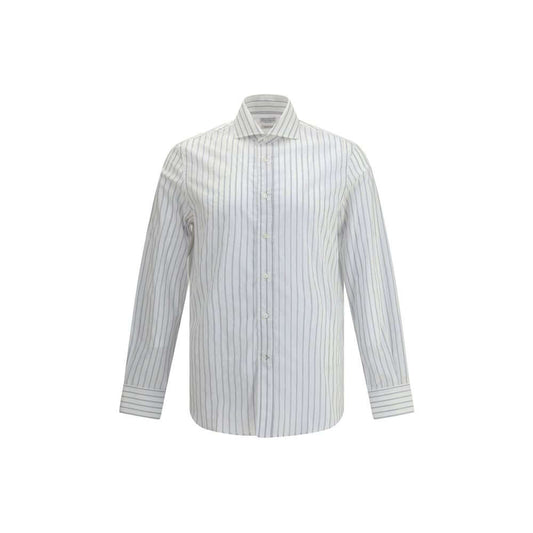 Brunello Cucinelli White Cotton Pattern Shirt with classic collar and button closure, featuring elegant striped design for refined style.