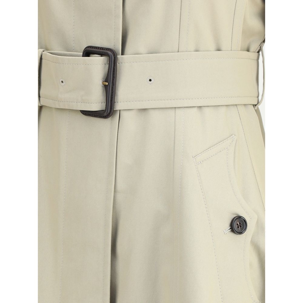 Close-up of Burberry Beige Cotton Coat showcasing belt and button details, highlighting feminine fit-and-flare design.