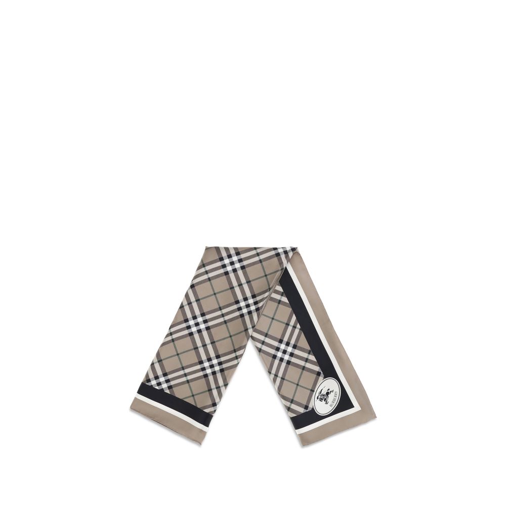Burberry Beige Silk Scarf with Archive Check pattern and Equestrian Knight logo, 100% silk, elegant accessory with British heritage.