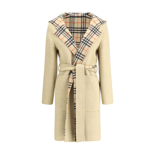 Burberry Beige Wool Coat with reversible check pattern, hood, detachable belt, and wrap-around closure for stylish comfort.
