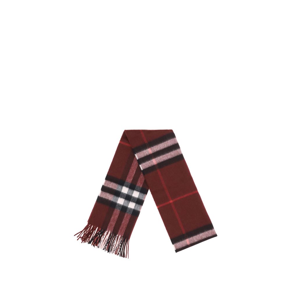 Burberry Red Cashmere Scarf with classic check pattern, elegant fringing, and ultra-soft finish, crafted in Scotland.