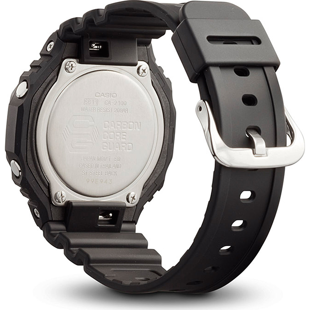 Back view of CASIO G-SHOCK Mod. OAK Black wristwatch with carbon & resin case, water resistant 20 ATM, resin strap, quartz movement.