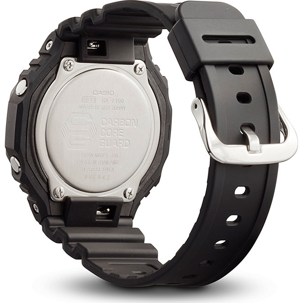 Rear view of CASIO G-SHOCK Mod. OAK Black showing carbon and resin case with resin strap.