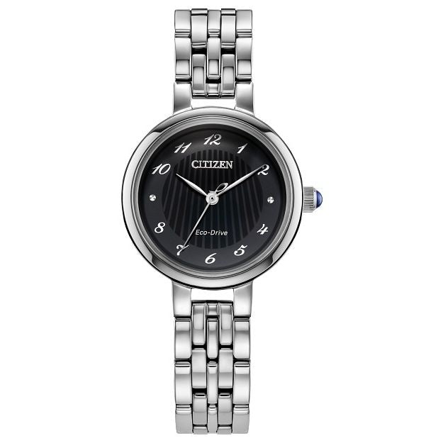 CITIZEN MOD. EM0990-81E elegant stainless steel Eco-Drive watch with black dial and silver bracelet