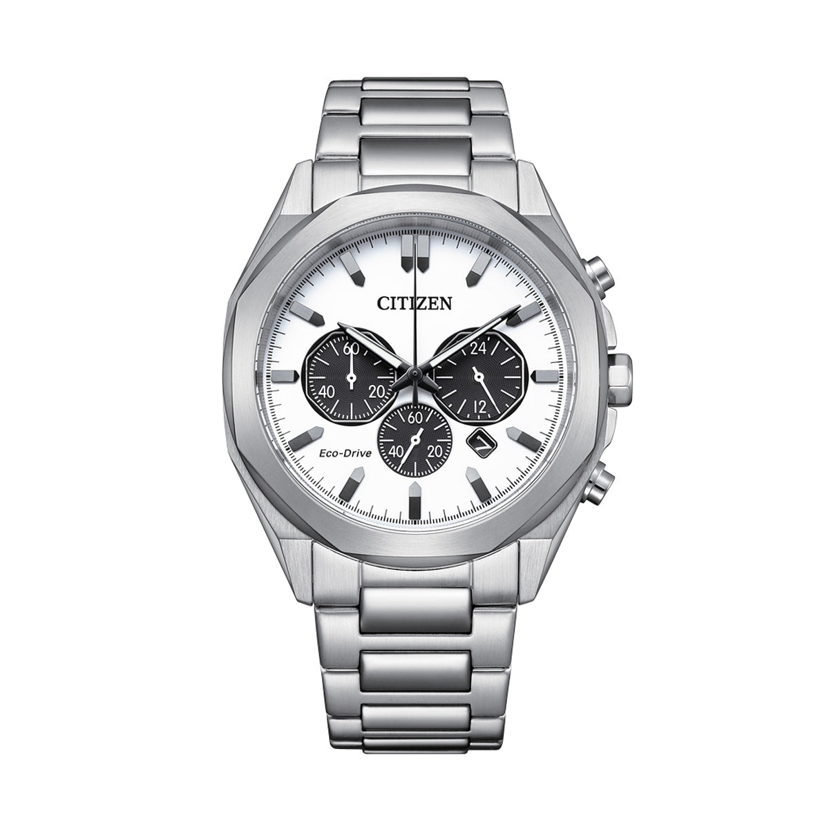 CITIZEN WATCHES Mod. CA4590-81A silver chronograph watch with white and black dial, stylish design, and stainless steel bracelet.