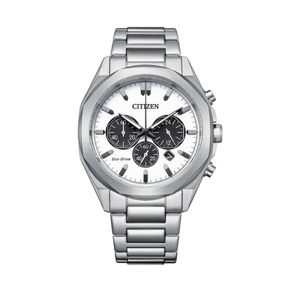 CITIZEN WATCHES Mod. CA4590-81A silver chronograph watch with white and black dial, stylish design, and stainless steel bracelet.