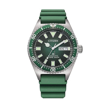 CITIZEN WATCHES Mod. NY0121-09X with green dial and strap, featuring date display, automatic movement, and water resistance.