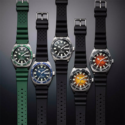 CITIZEN WATCHES Mod. NY0121-09X showcasing five stylish variations with colored dials and rubber straps.