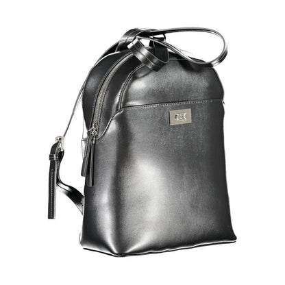 Calvin Klein Black Polyester Backpack with adjustable straps and logo, featuring external and internal pockets, recycled material.
