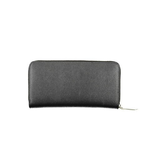 Calvin Klein Black Polyethylene Women Wallet with zip and snap closure, RFID blocking, and card compartments.