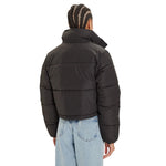 Back view of Calvin Klein Jeans Black Polyester Jackets & Coat, stylish cropped design, model wearing with blue jeans.