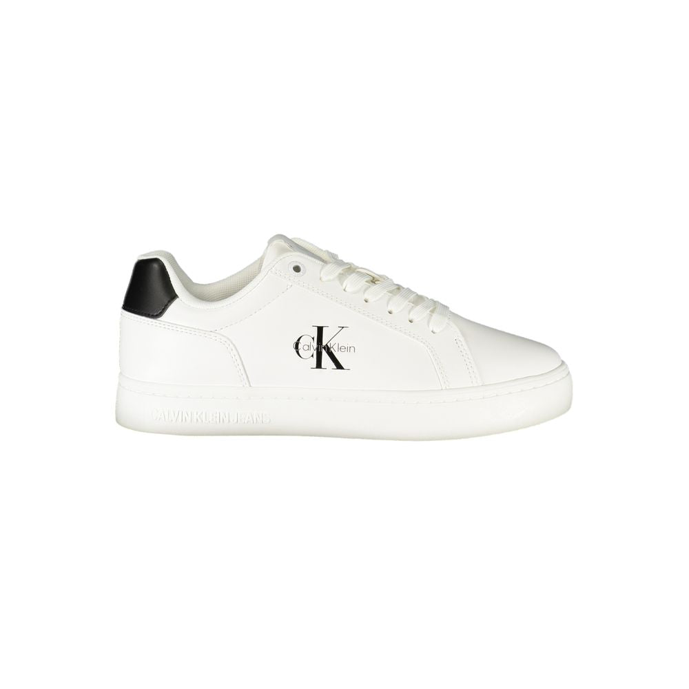 Calvin Klein White Leather Women Sneaker with black details, featuring removable footbed and logo, perfect for confident style.