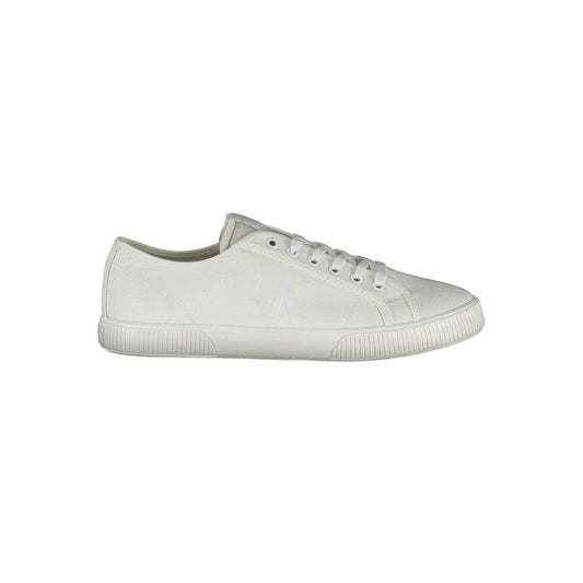 Calvin Klein White Polyester Men Sneaker featuring classic design and sustainability focus with 50% recycled materials.