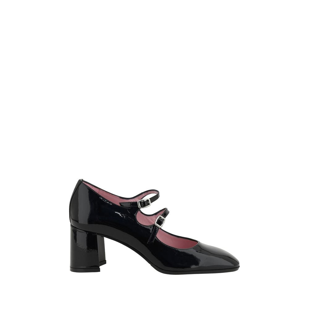 Carel Paris Black Calf Leather Bos Taurus Mid Heel Pumps with two elegant straps and 6-cm heel for stability and style.