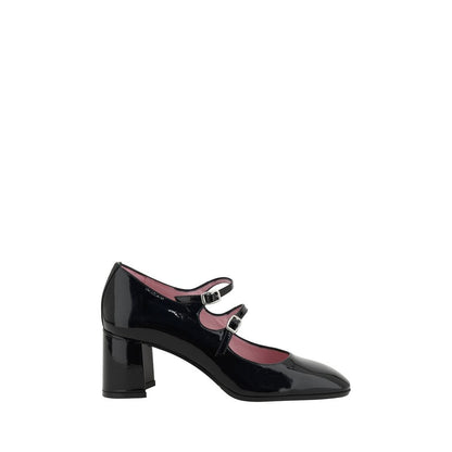 Carel Paris Black Calf Leather Bos Taurus Mid Heel Pumps with two elegant straps and 6-cm heel for stability and style.