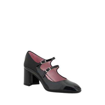 Carel Paris Black Calf Leather Bos Taurus Mid Heel Pumps with 6-cm beveled heel and double straps for stability and style, AW25 collection.