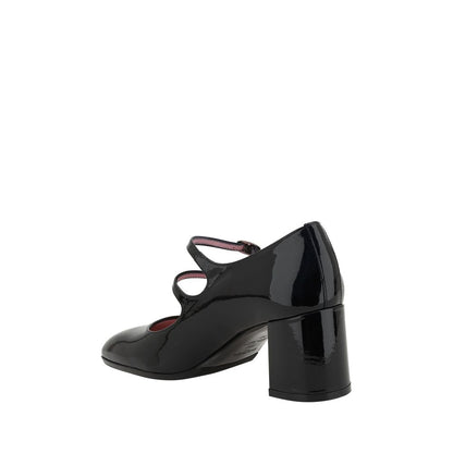 Carel Paris Black Calf Leather Bos Taurus Mid Heel Pumps with patent leather and 6-cm straight beveled heel.