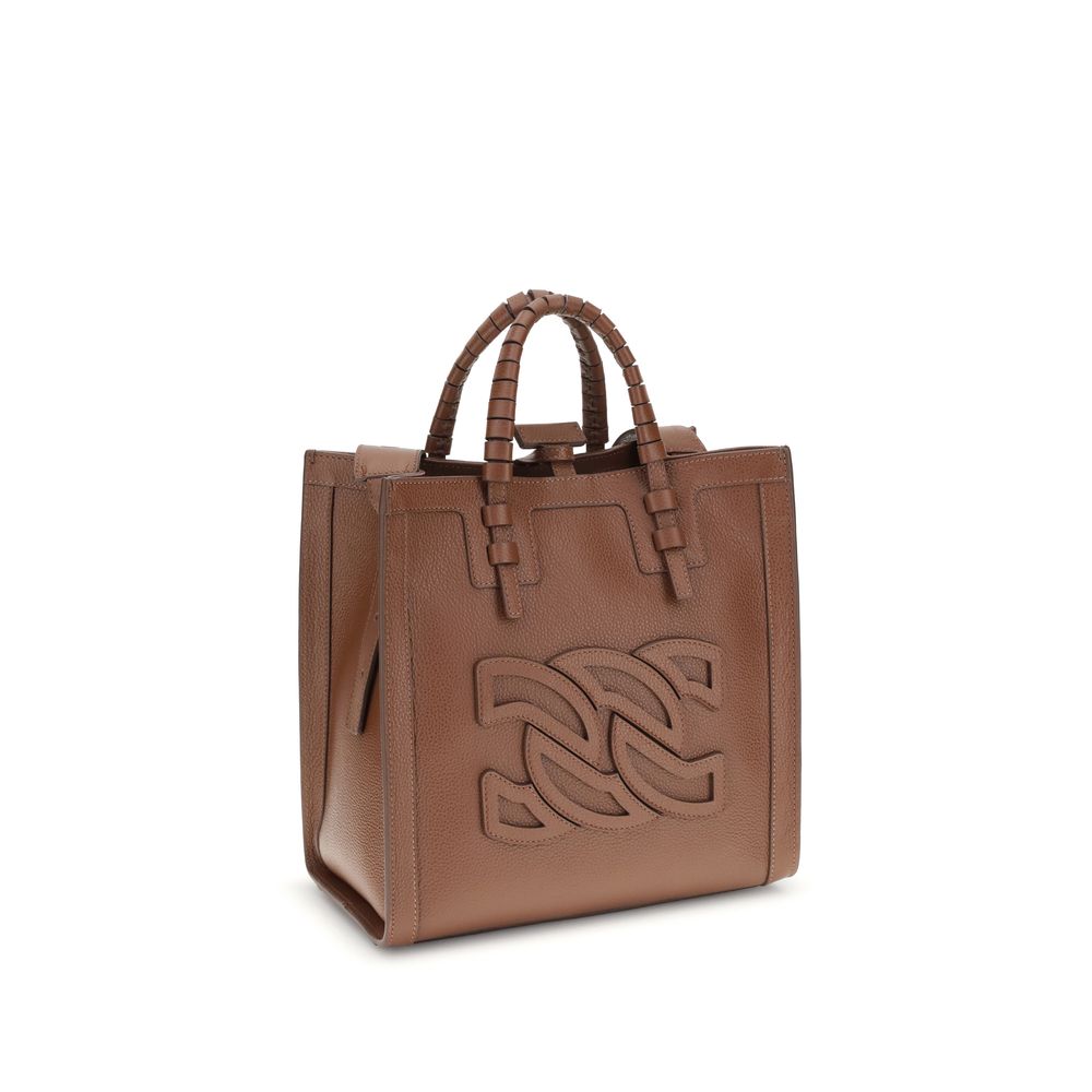 Casadei Brown Calf Leather Bos Taurus Shoulder Bag with embossed logo and tubular handles, featuring versatile strap and elegant design.