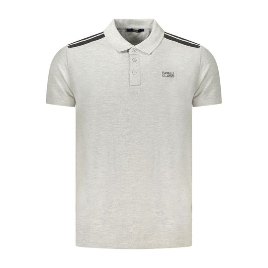 Cavalli Class Gray Cotton Polo Shirt with short sleeves, 3 buttons, contrasting details, and logo embroidery design.