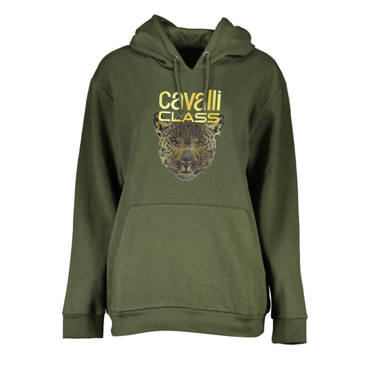 Alt Tag: Cavalli Class Green Cotton Women Sweater with hood and logo print, combining sophistication and comfort.