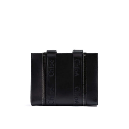 Chloé Black Woody Embroidered Logo Leather Medium Tote Bag with handles, medium size, and elegant black leather design.