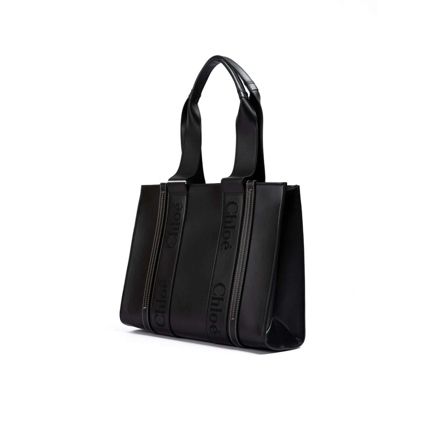 Chloé Black Woody Embroidered Logo Leather Medium Tote Bag featuring a sleek design and dual handles, perfect for stylish carrying.