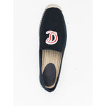 Top view of Christian Louboutin Mooncrest espadrilles with dark blue embroidered logo and slip-on style.