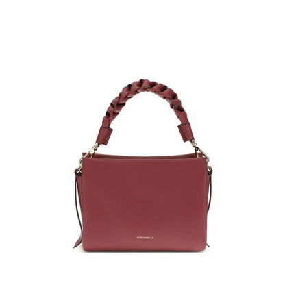 Coccinelle Bordeaux Calf Leather Bos Taurus Shoulder Bag with braided handle and adjustable strap displayed