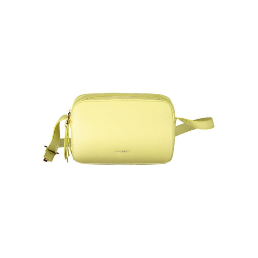 Coccinelle Yellow Leather Handbag with adjustable shoulder strap, two compartments, and zip closure showing brand logo.