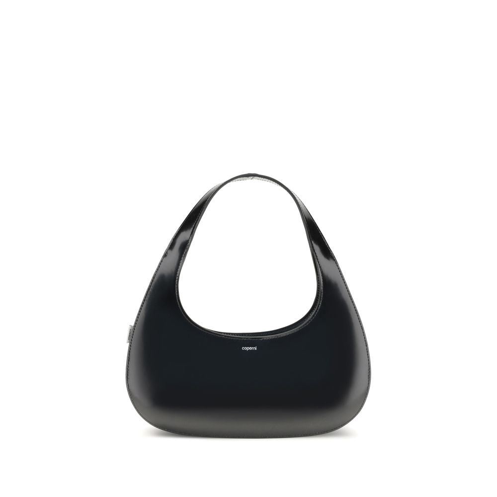 Coperni Black Leather Swipe Baguette Shoulder Bag with matte finish and curved lines, ideal for everyday style. AW25 collection.