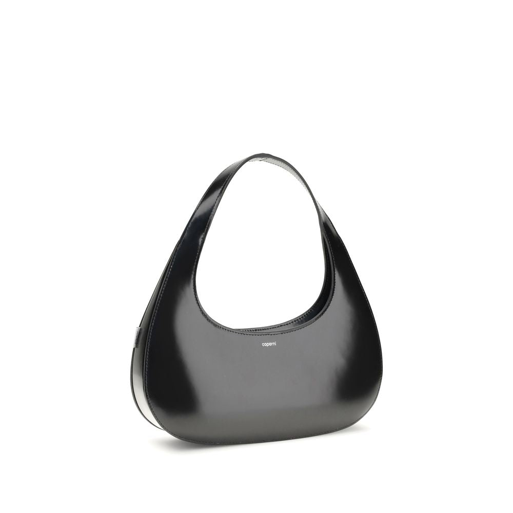 Coperni Black Leather Swipe Baguette Shoulder Bag with sleek curved design and matte finish.