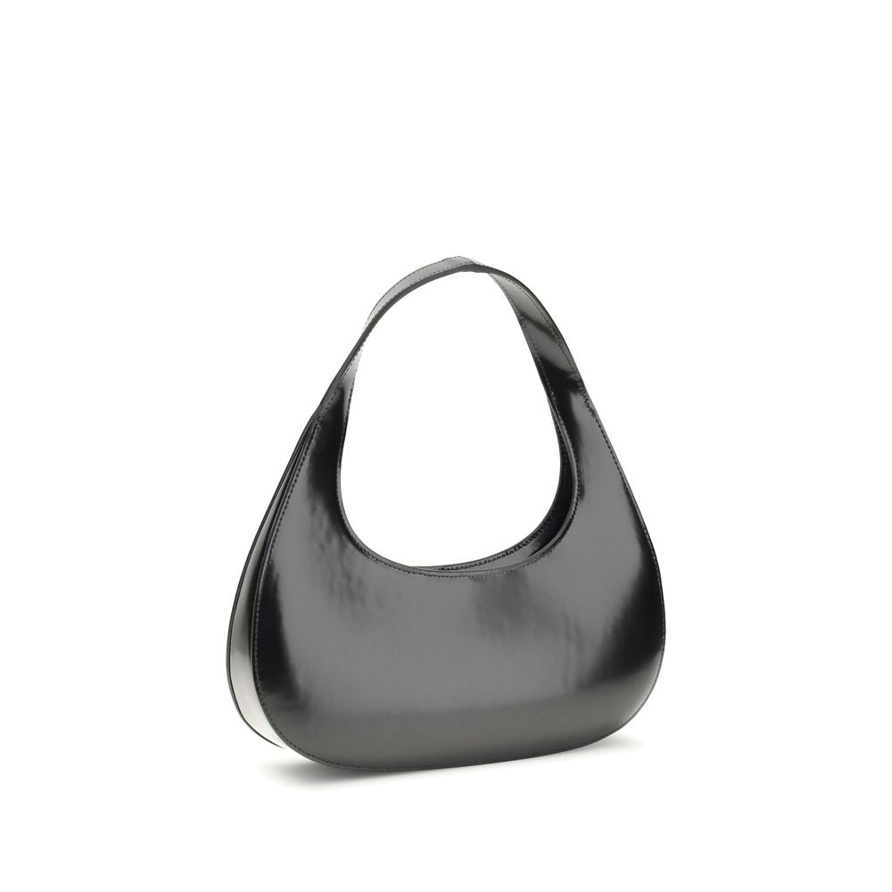 Coperni Black Leather Swipe Baguette Shoulder Bag with matte finish, elegant curved design, ideal for everyday wear.