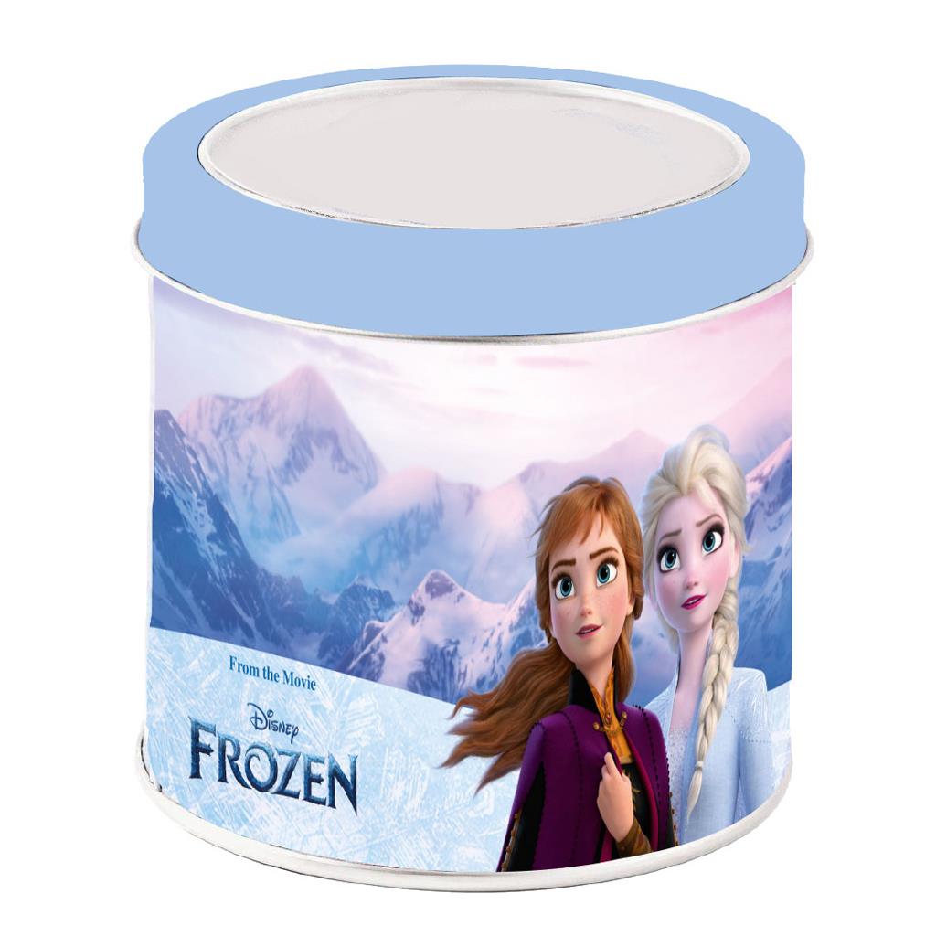 Disney Frozen themed tin container featuring characters and snowy mountains.