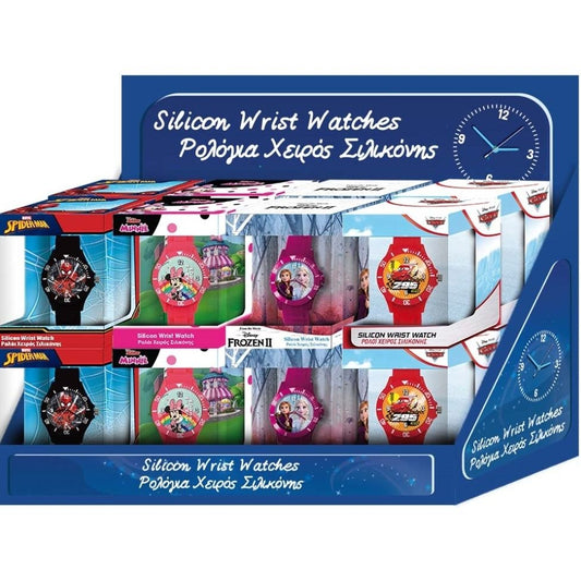 Display of Disney silicon wrist watches with various character designs, boxed in official packaging.
