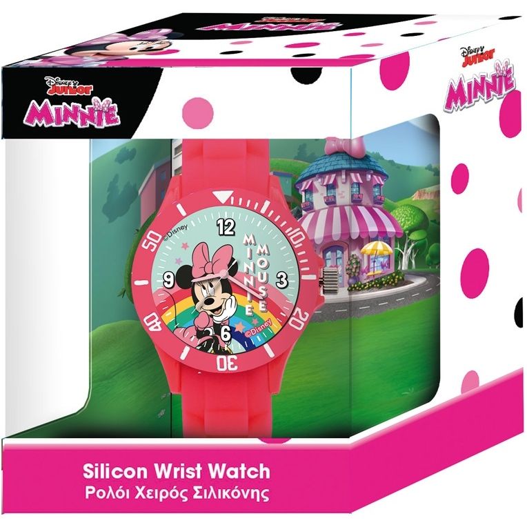 Disney Junior Minnie Mouse pink silicone wrist watch in colorful packaging.