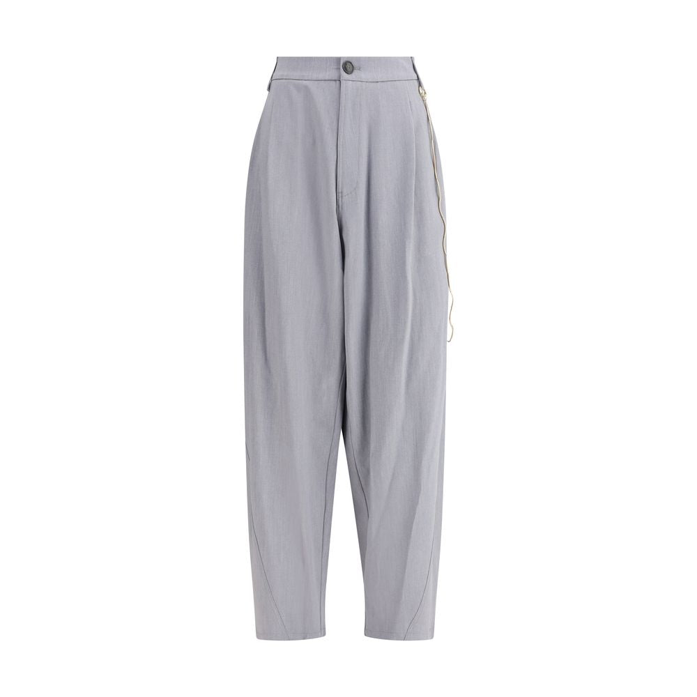 Darkpark Gray Polyester Casual Pants with gold chain detail, featuring elegant front pleats and button closure, perfect for AW25 season.