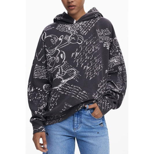 Desigual Black Cotton Women Hoodie featuring Mickey Mouse print, showcasing a trendy pop culture style with cozy pockets and long sleeves.