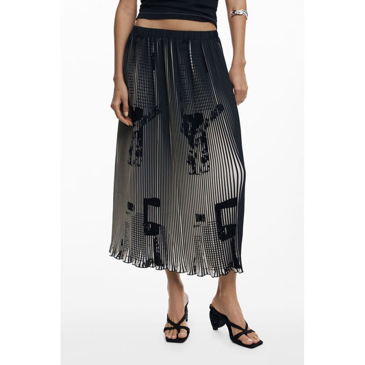 Desigual Black Polyester Women Skirt with pleated design and newspaper motifs, featuring an elastic waist.