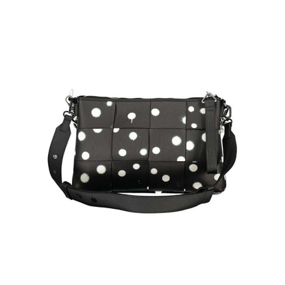 Alt Tag: Desigual Black Polyethylene Handbag with polka dot design, removable chain shoulder handle, adjustable strap, multiple pockets.