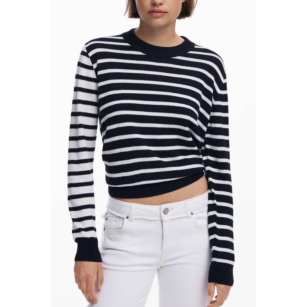 Woman wearing Desigual Black Wool Women Sweater with stripes and unique textures, featuring crew neck and Desigual logo, embodying bold fashion.