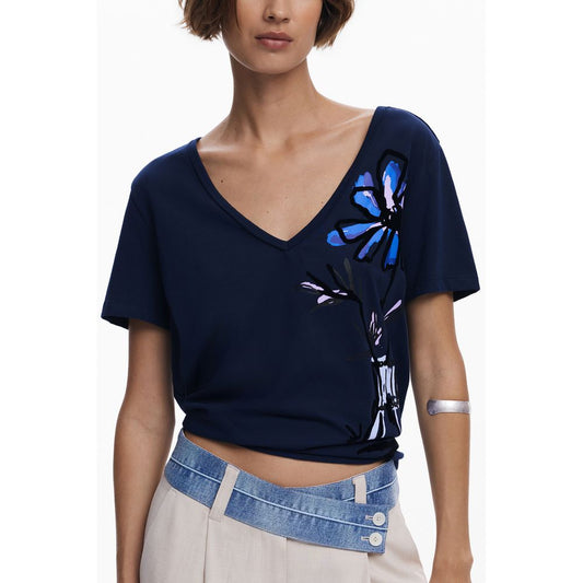 Desigual Blue Cotton Women T-Shirt with chic V-neck and vibrant print, showcasing iconic logo and trend-setting design.