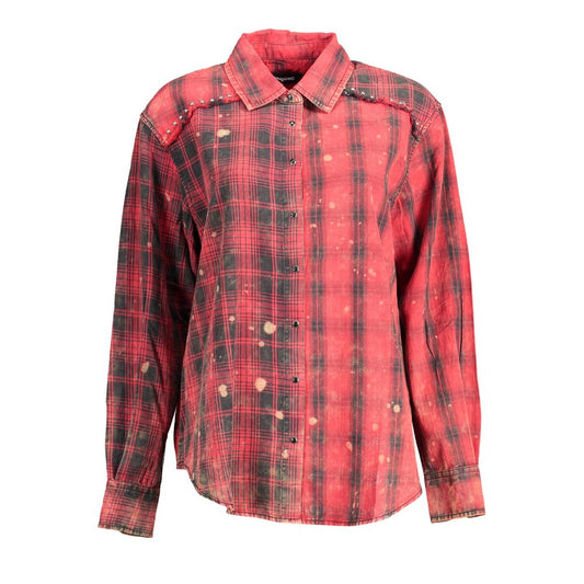 Desigual Red Cotton Shirt with Italian collar, 1 button cuffs, contrasting details, and logo.