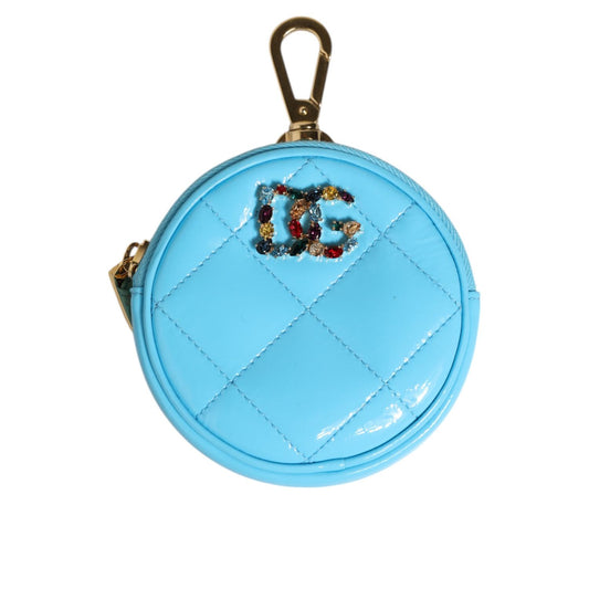 Dolce & Gabbana Azure Blue Leather Round Coin Purse Keychain Crystal Logo Wallet with gold-tone hardware and quilted design.