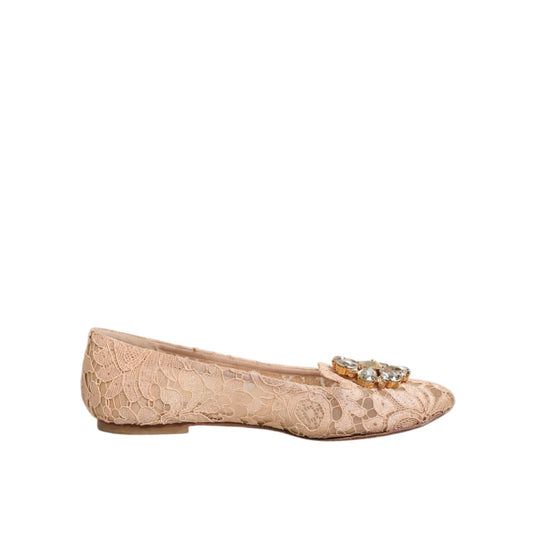Dolce & Gabbana Beige Taormina Lace Crystals Flats Shoes