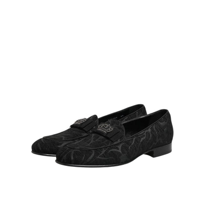 Dolce & Gabbana Black Brocade Crown Loafers Dress Shoes