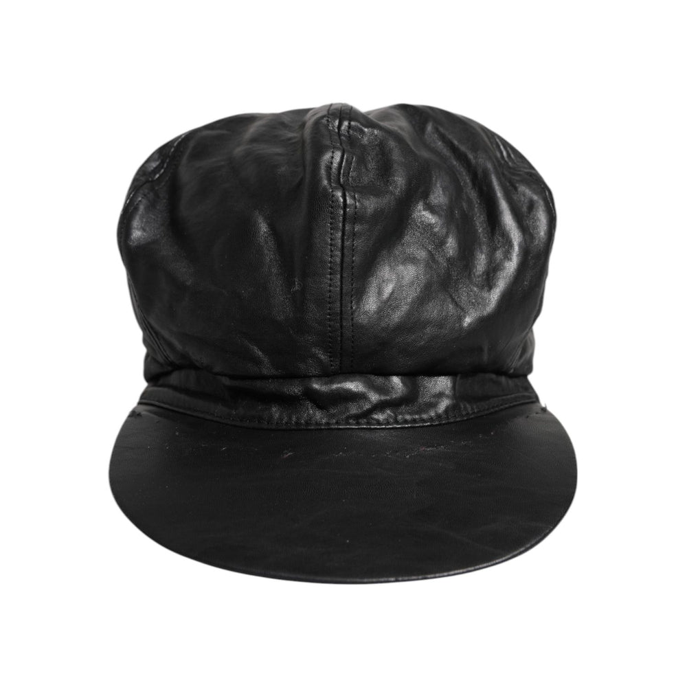 Dolce & Gabbana Black Calf Newsboy Capello Cabbie Hat, luxury women's leather hat with logo details, made in Italy, minor defect present.