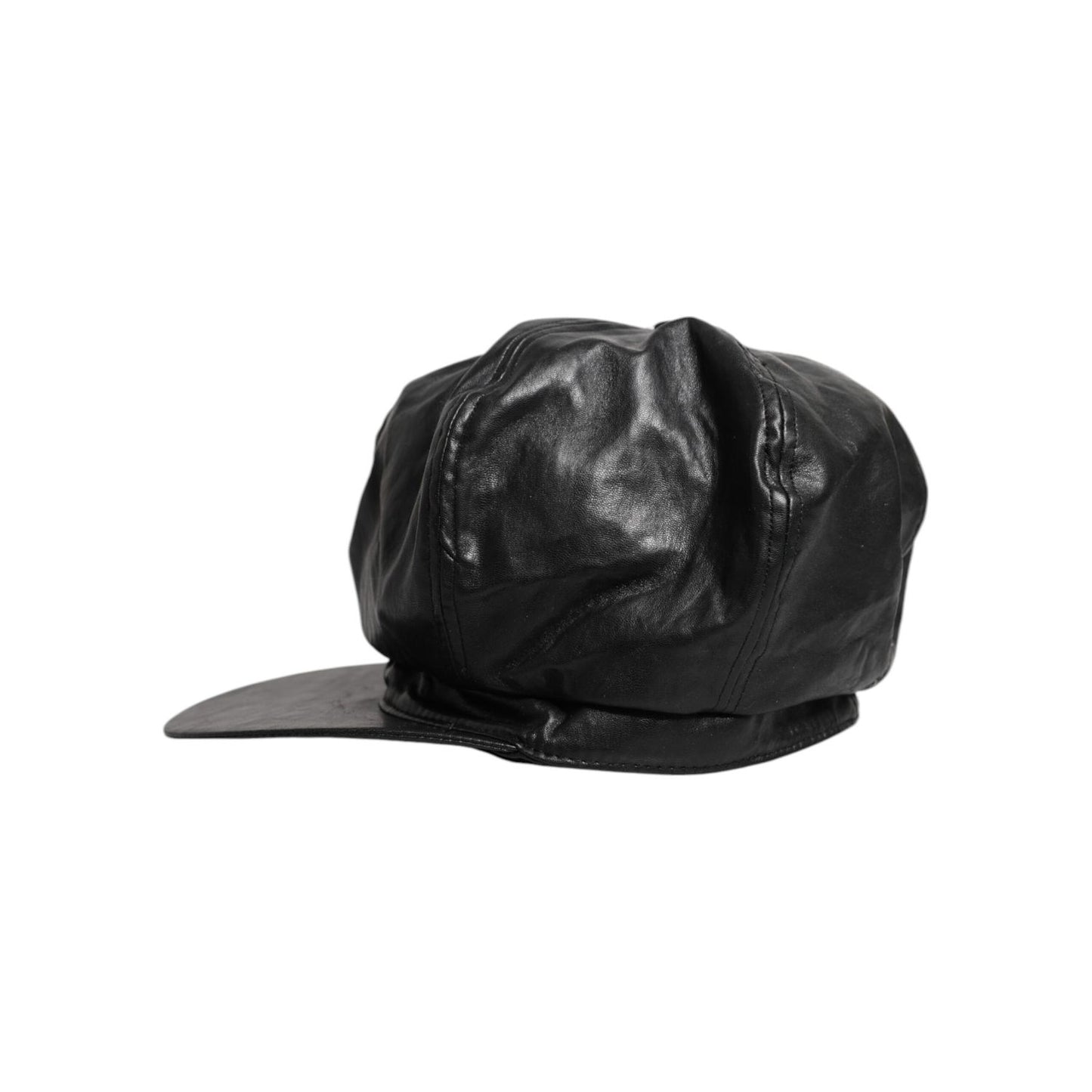 Dolce & Gabbana Black Calf Newsboy Capello Cabbie Hat in leather with minor scratches, showcasing high craftsmanship and exclusive design.