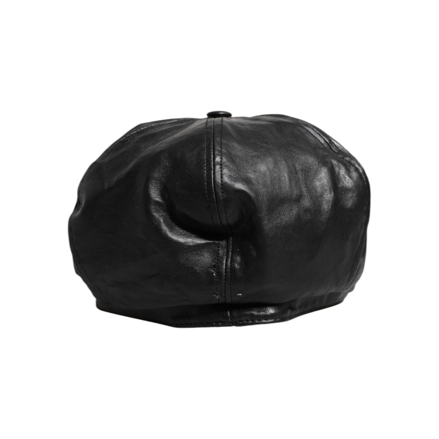 Back view of Dolce & Gabbana Black Calf Newsboy Capello Cabbie Hat showing minor scratches, high craftsmanship leather design, made in Italy.