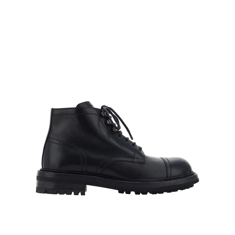 Dolce & Gabbana Black Calfskin Lace-Up Boots, men's round toe leather boot with front lace-up closure, side view
